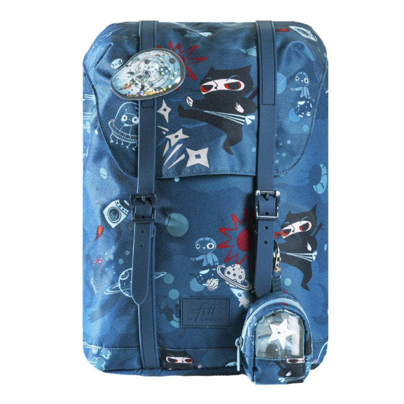 Backpack Frii of Norway 22L ninja blue with cartoon ninjas and small zip pouch