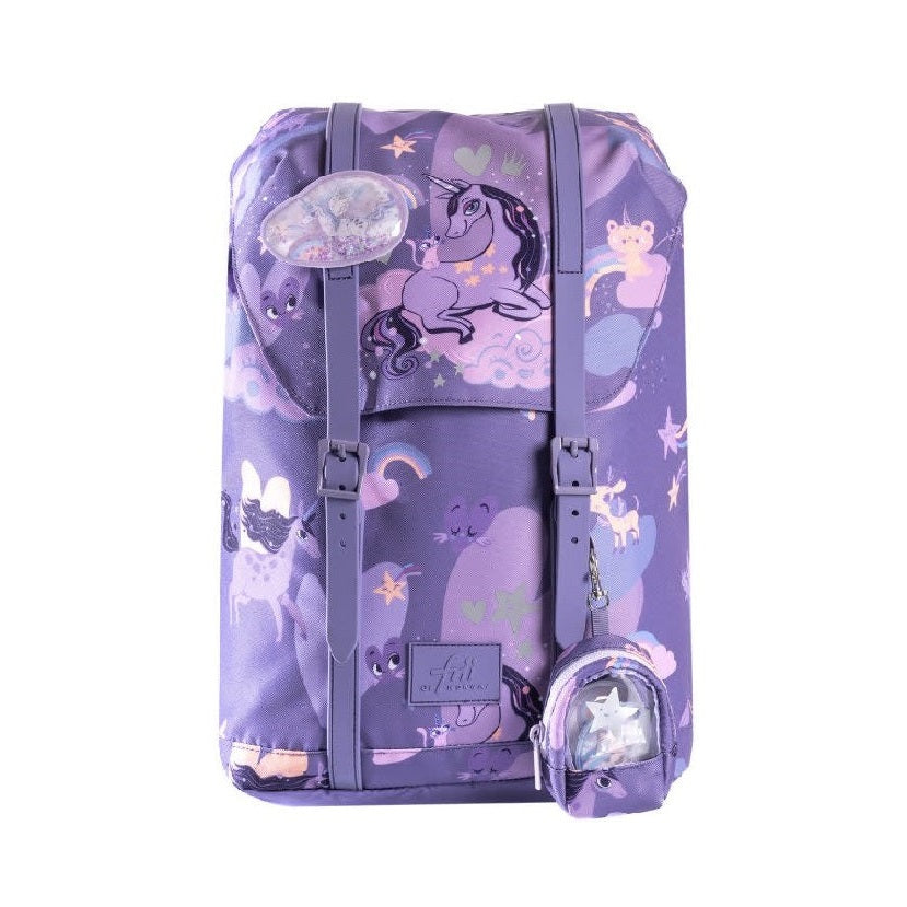 Frii of Norway 22L unicorn purple school backpack with a matching translucent mini pouch
