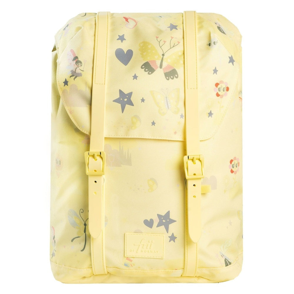Backpack Frii Of Norway 22L yellow school bag with pastel butterflies and stars print