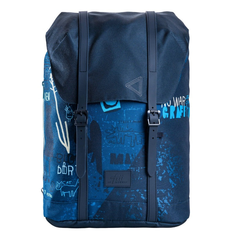 Frii of Norway 30L school backpack in blue graffiti with dark navy flap and twin buckle straps