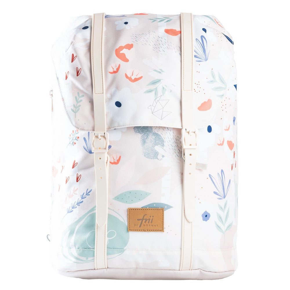 Frii Of Norway 30L flower bunny backpack with pastel floral print and cream straps