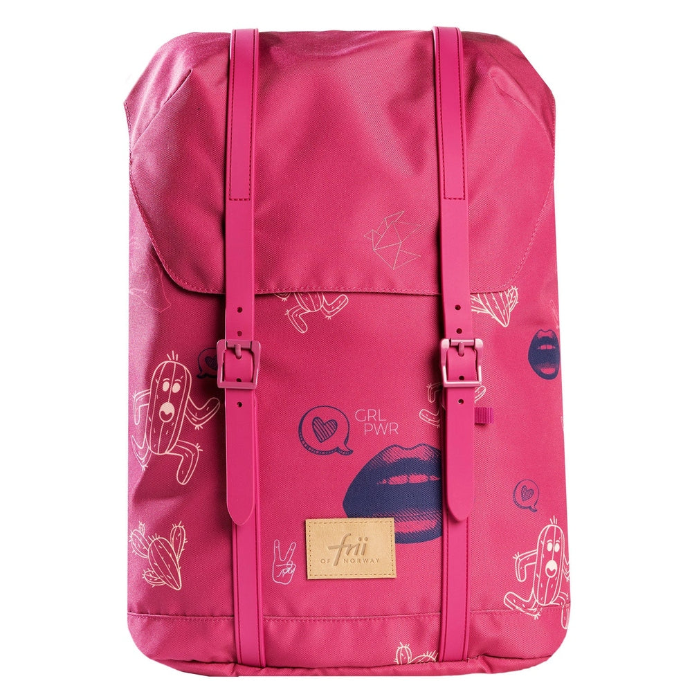 Frii of Norway 30L pink school backpack with pink straps and whimsical white prints