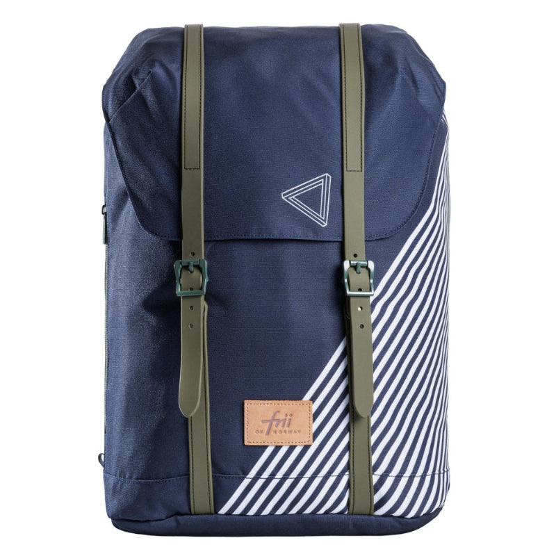 Frii of Norway 30L school backpack navy with olive green straps and diagonal white stripes