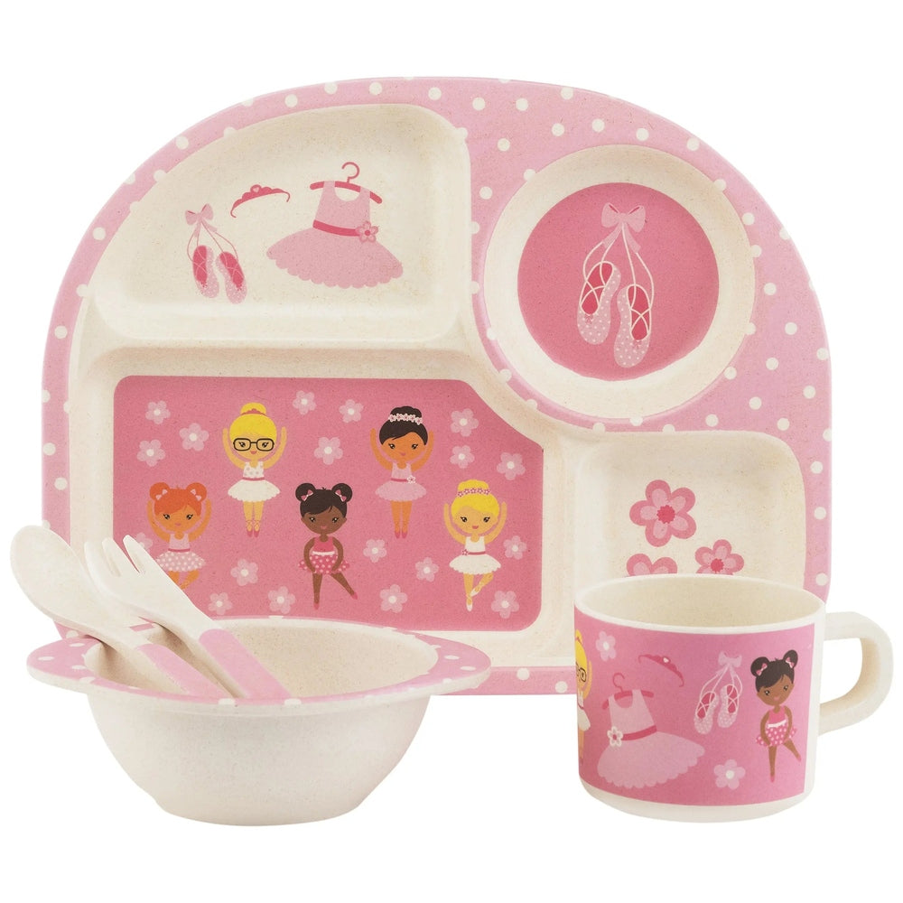 FUNKINS Bamboo Dish Set in pink with princess illustrations; divided plate, bowl, cup, and utensils resting in the bowl.