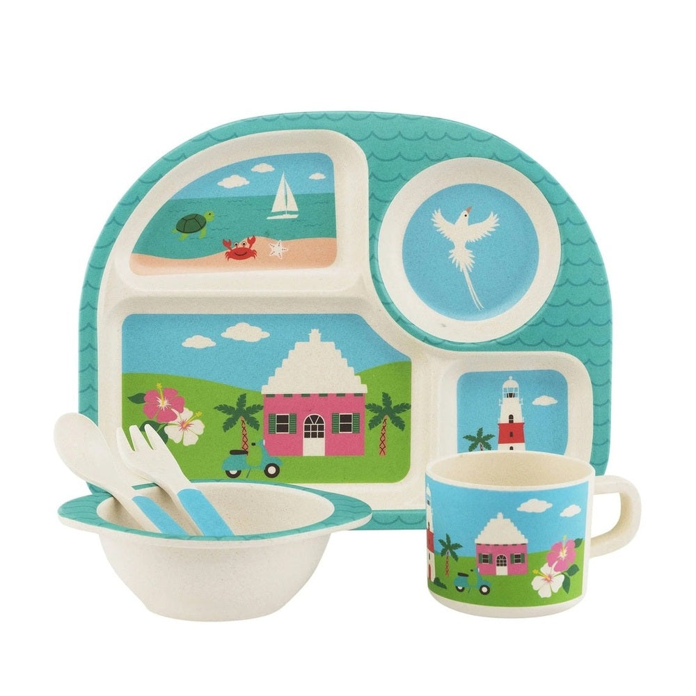 Turquoise bamboo kids dish set with beach-scene segmented plate, matching cup, bowl, and blue-handled utensils.