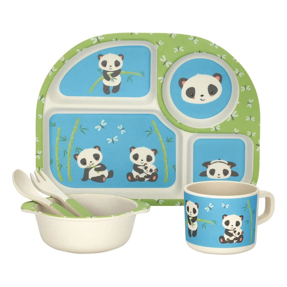 Bamboo kids dish set with panda pattern: green divided plate with blue panda panels, matching bowl, mug, and utensils.