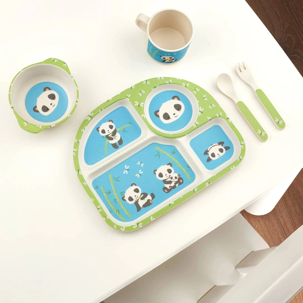 Green bamboo five-piece dish set for kids with blue panda images; includes divided plate, panda bowl, cup, and utensils.