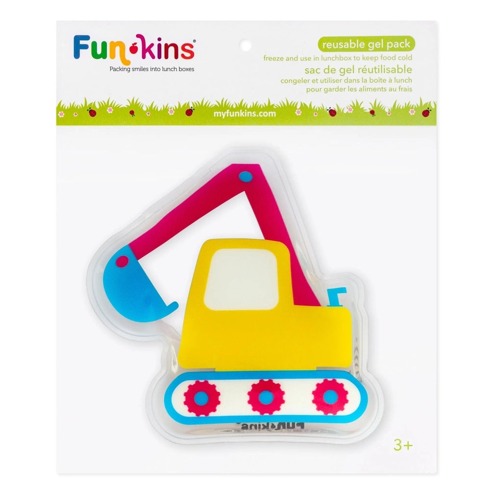 Funkins Gel Ice Packs excavator toy; yellow cab, blue tracks, pink boom, reusable gel inside clear pack.