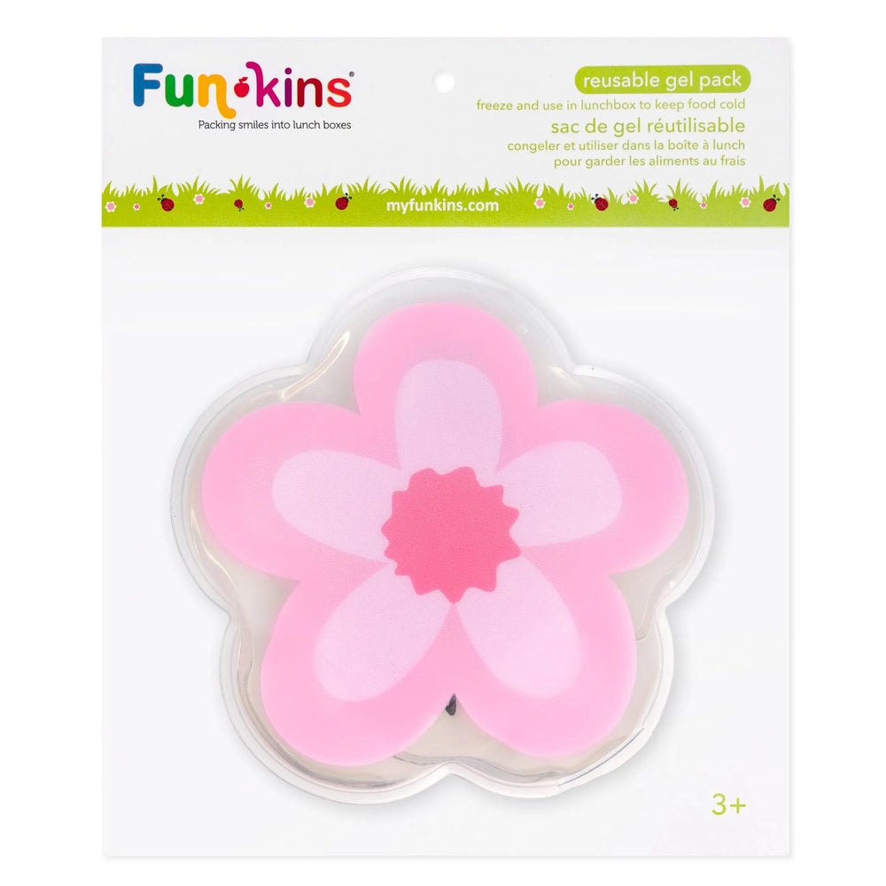 FUNKINS Gel Ice Packs flower-shaped pink reusable lunchbox cooler, shown sealed in clear packaging.