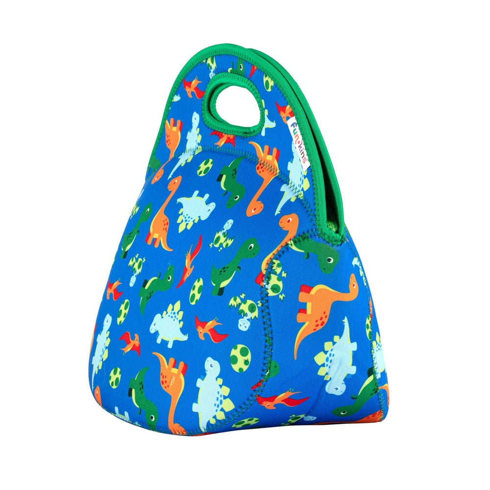 Blue neoprene insulated lunch bag with dinosaur print, green trim, and built-in handle cut-out.