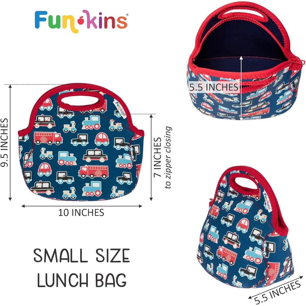 Small blue insulated lunch bag with red trim and vehicle print, top handle, zipper closure.