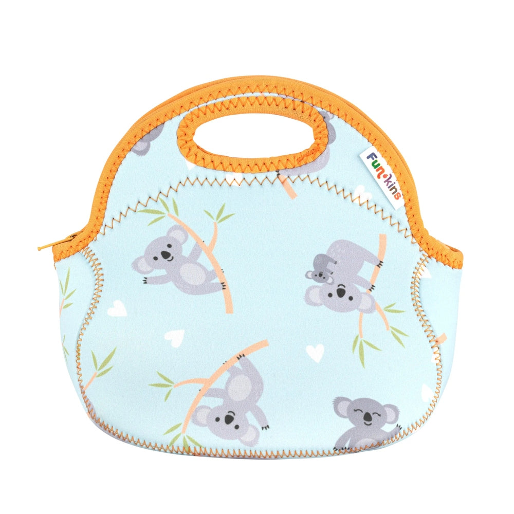 Insulated lunch bag in light blue fabric with orange trim and koala print.