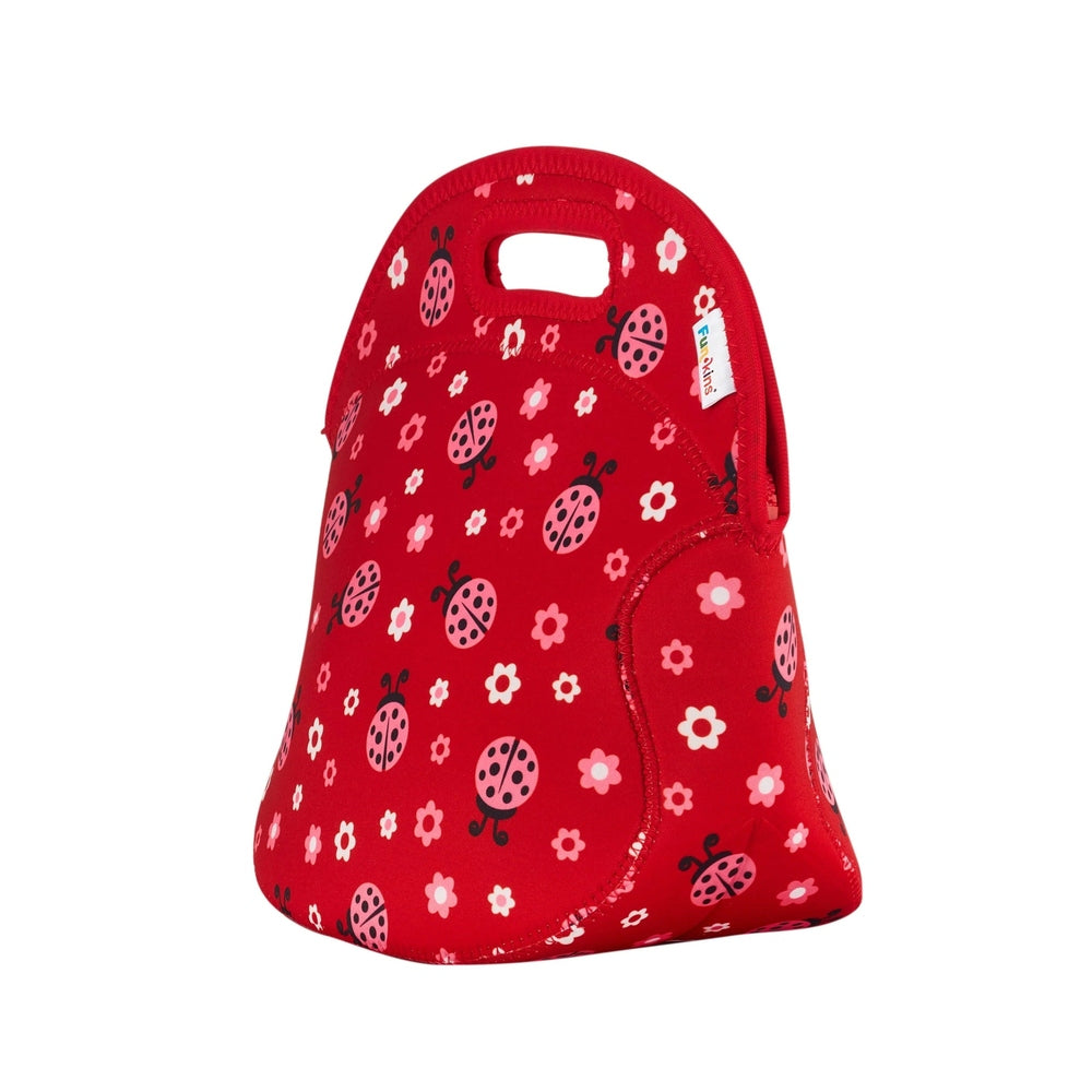 Red insulated lunch bag with pink ladybugs and white flowers pattern, top handle cutout