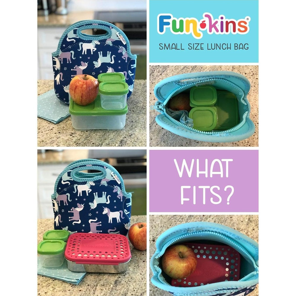 Navy Funkins lunch bag with The Very Hungry Caterpillar pattern and turquoise trim, with green-lidded containers and apple.