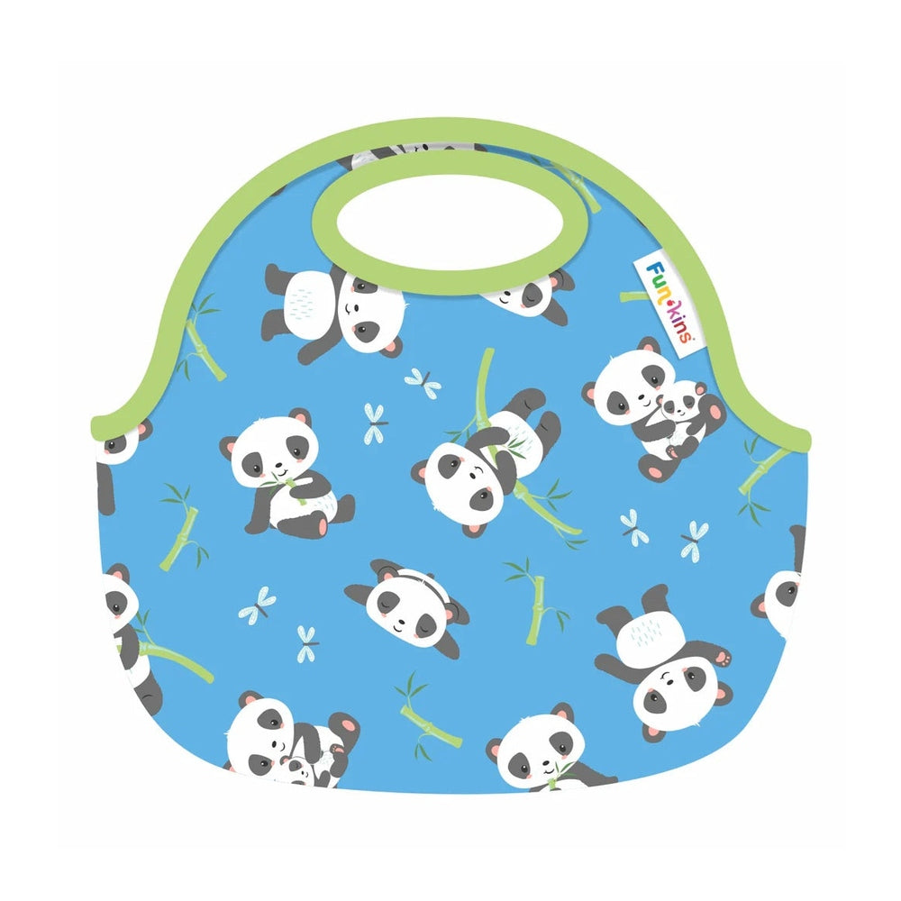 Blue insulated lunch bag with panda pattern, lime-green trim and circular top handle.