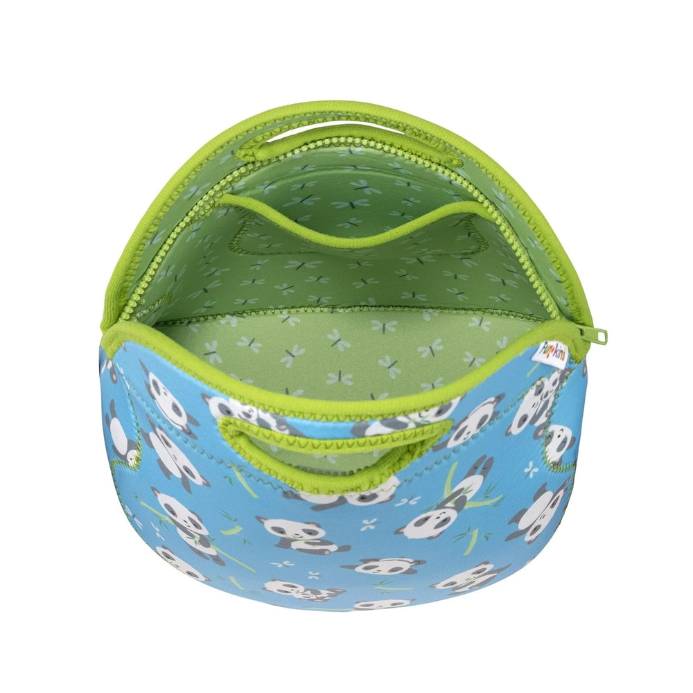 Blue round insulated lunch bag with panda print, neon green zipper and trim, lime handle, green patterned lining.