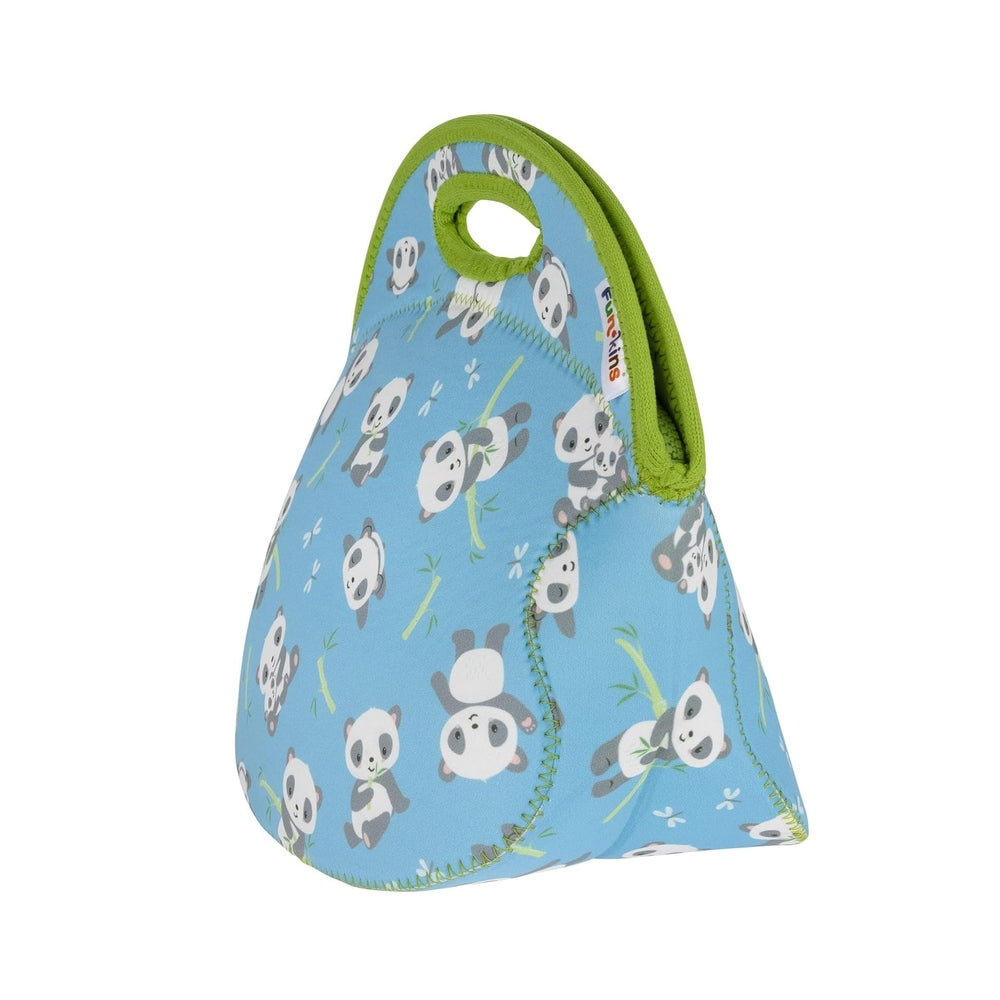 Blue insulated lunch bag with panda print, lime-green trim, and a top handle cutout.