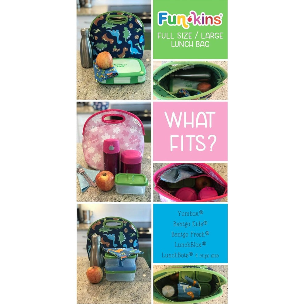 Green dinosaur-print insulated lunch bag with water bottle; pink floral insulated bag with lunch containers and apple.