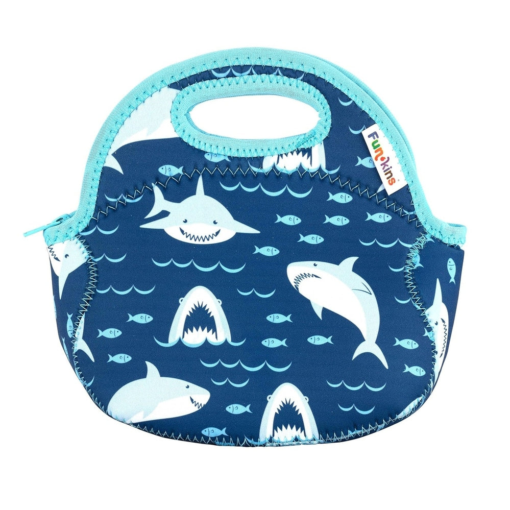 Insulated navy lunch bag with light-blue shark print, turquoise trim and handle.