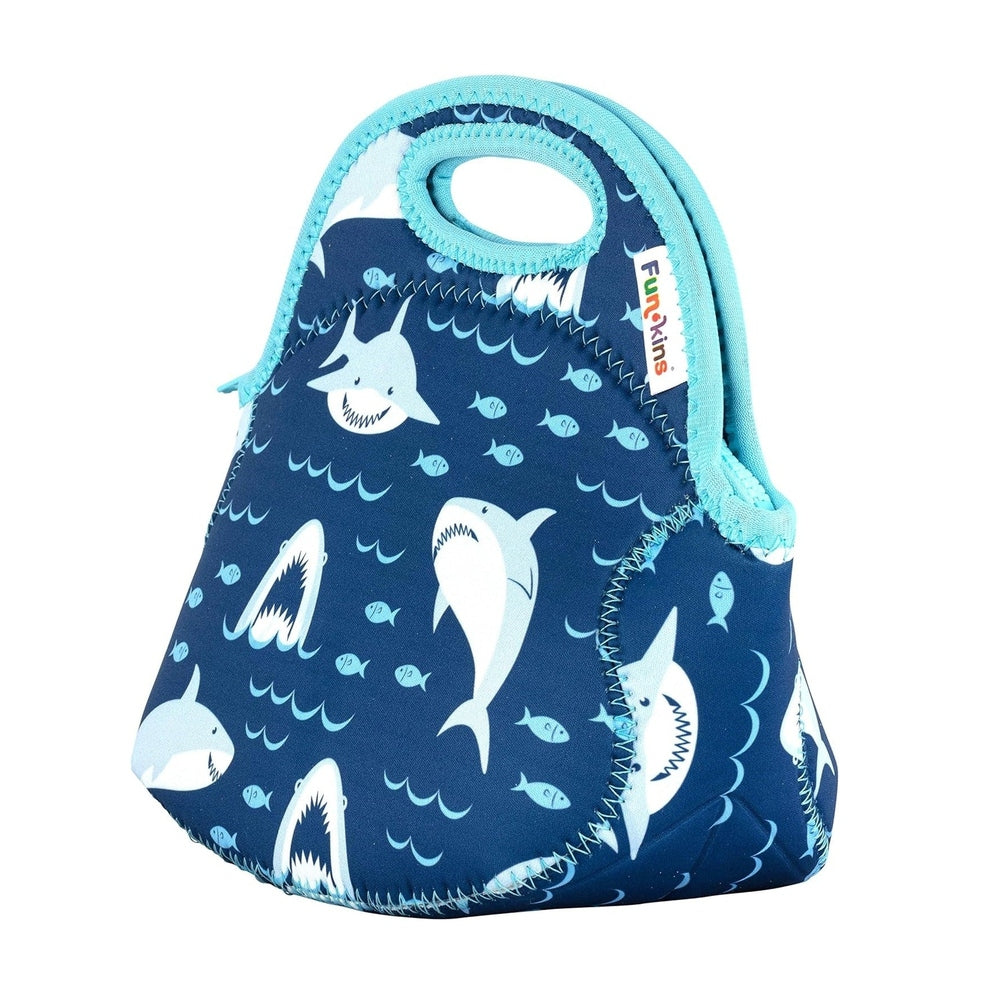 Navy blue insulated lunch bag with light-blue shark print, teal trim and built-in handle.
