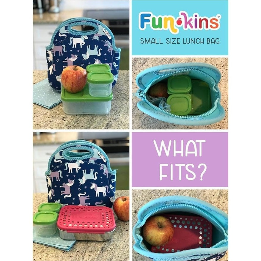 Blue shark-patterned insulated lunch bag with green containers and apple.