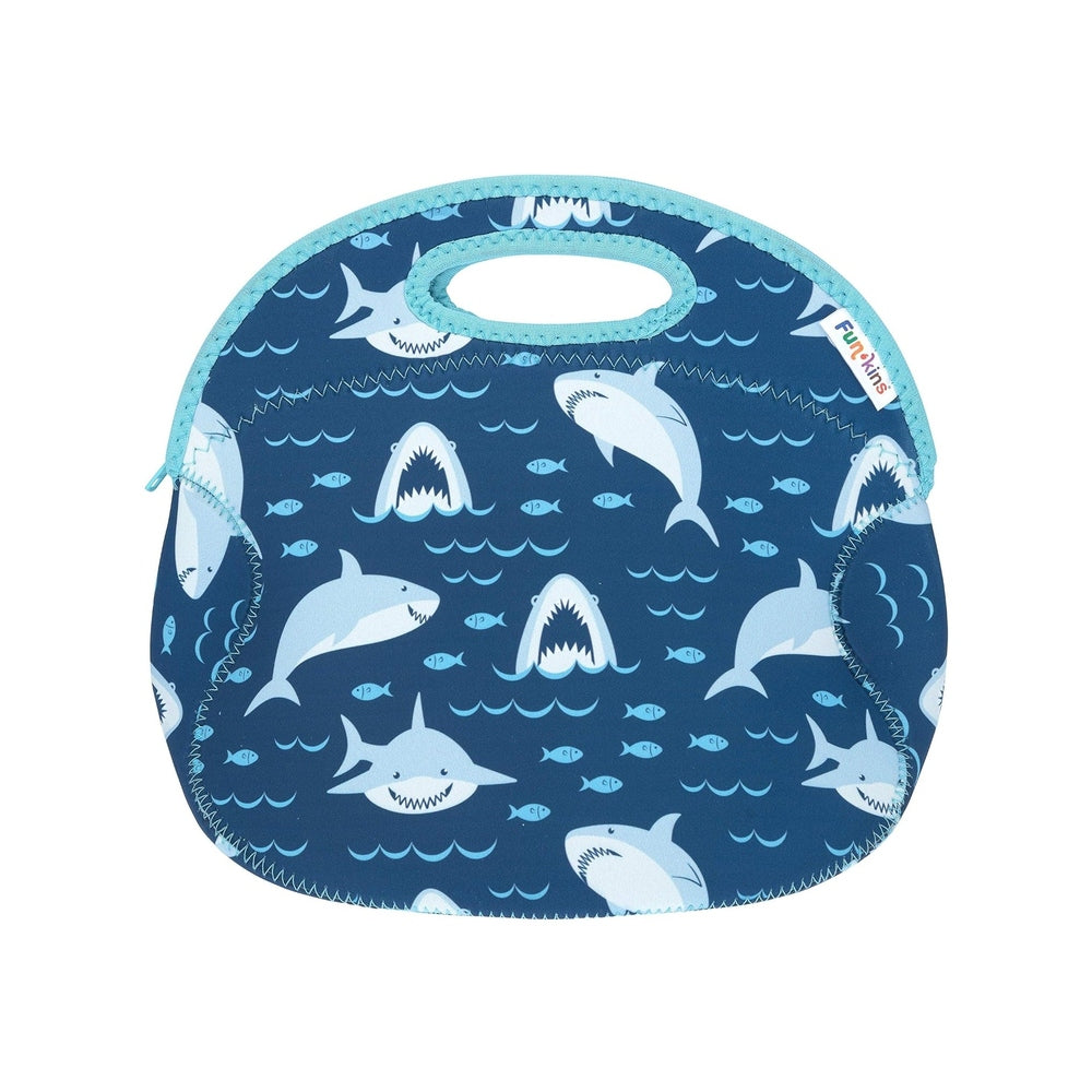 Funkins Insulated Lunch Bag Shark in Navy with teal trim and top handle cutout
