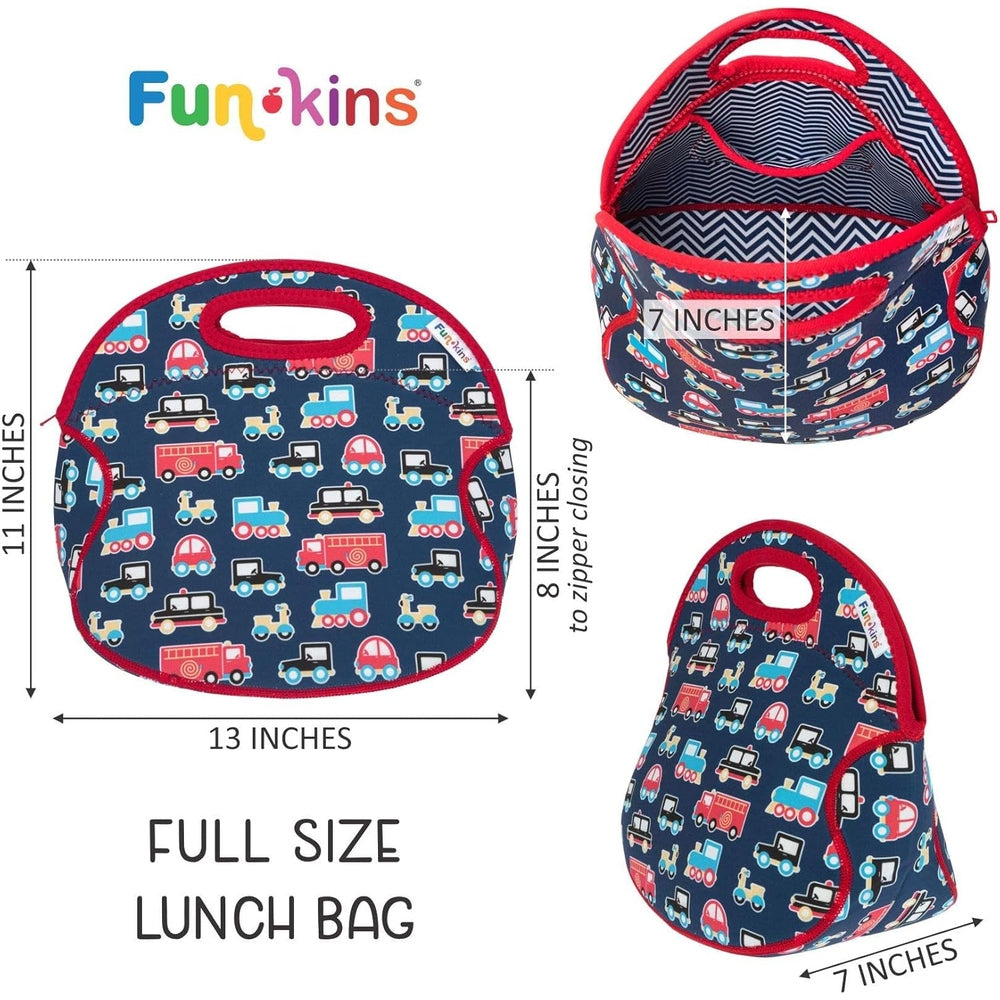 Insulated navy lunch bag with red trim and handle, vehicles pattern and chevron-lined interior.
