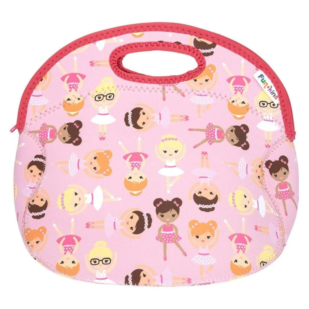 FUNKINS Funkins Large Lunch Bag in pink ballerina print with red handles, ready for lunch.