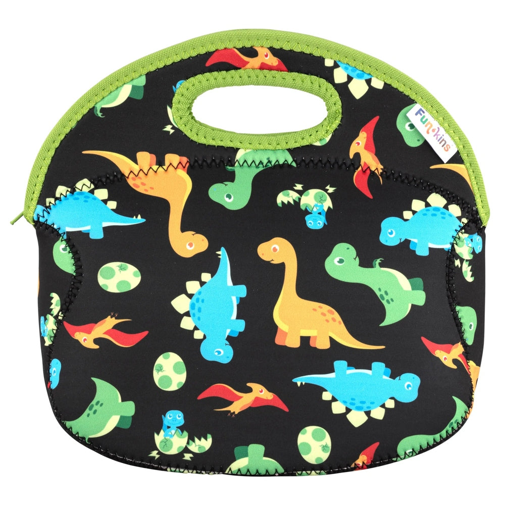 FUNKINS Large Lunch Bag in black dinosaur print, lime-green trim; sturdy top handle for easy carrying.