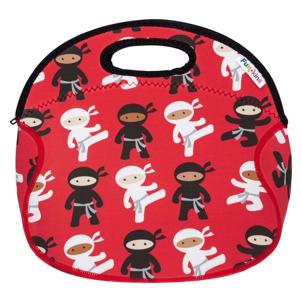 FUNKINS Large Lunch Bag red with white and black ninjas, showing a zip-around edge and top handle.