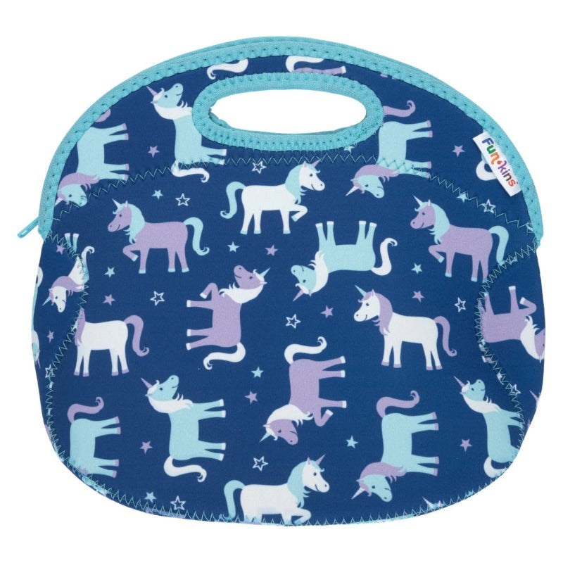 FUNKINS Large Lunch Bag with navy unicorn print, teal trim and handle, zipper closure, ready for packing lunches.