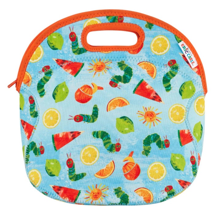 FUNKINS Large Lunch Bag in bright blue fruit-print with orange zipper and built-in handle carried by hand.