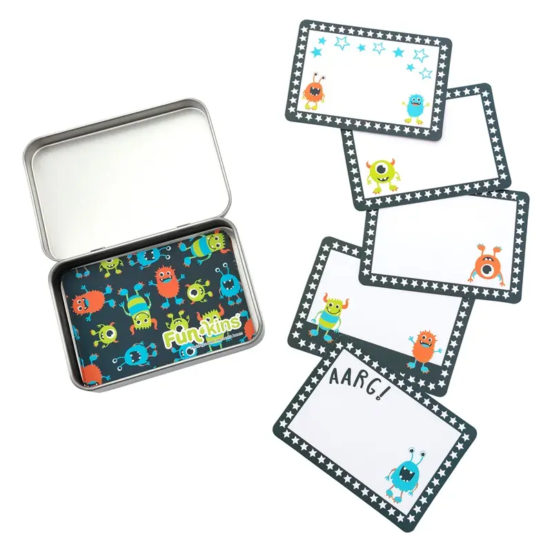 Funkins Lunchbox Note Cards in Monster Border Set with star-bordered cards, colorful monsters, and a metal tin lunchbox