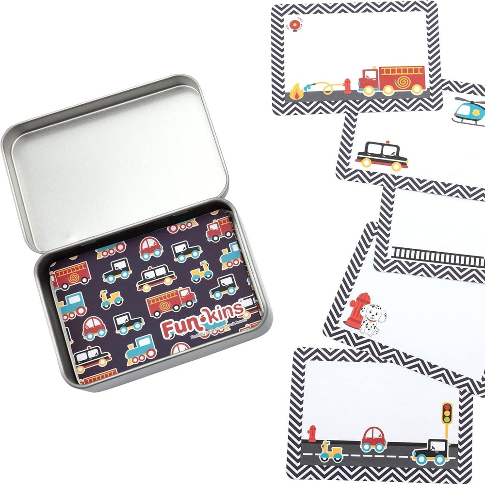 Funkins Lunchbox Note Cards in Navy with colorful vehicle illustrations