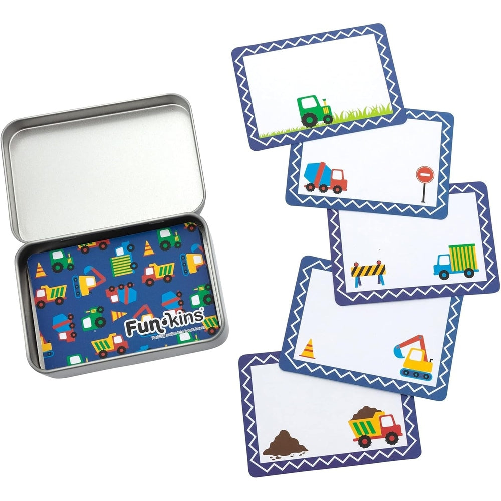 Funkins Lunchbox Note Cards in blue-bordered construction-vehicle designs with a metal lunchbox tin.