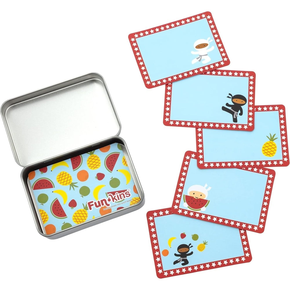 Funkins Lunchbox Note Cards in blue with red star-border, shown with a silver lunchbox tin.