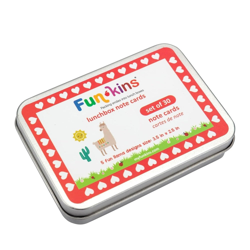 Funkins Lunchbox Note Cards in Red-Heart Border Tin with llama and cactus graphic
