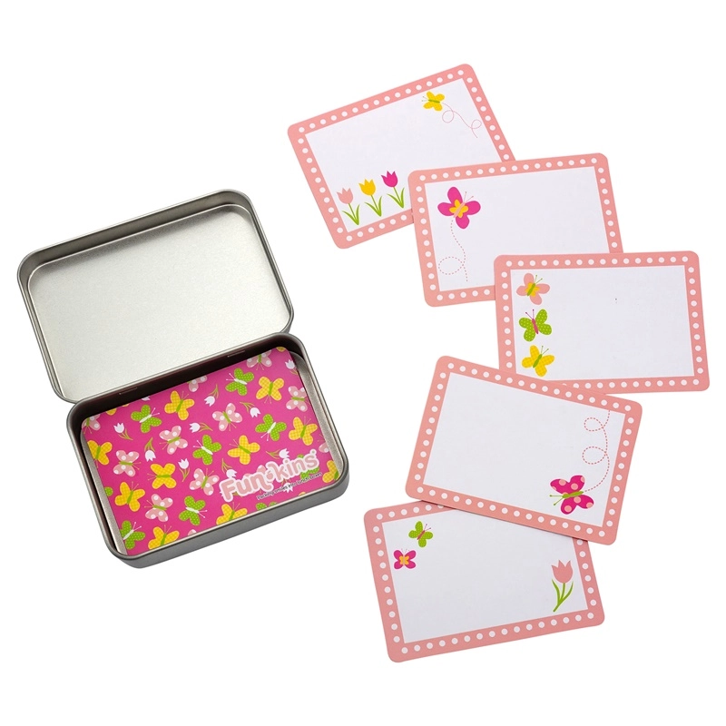 Funkins Lunchbox Note Cards in Pink with white polka-dot border and butterfly illustrations, shown with metal tin.