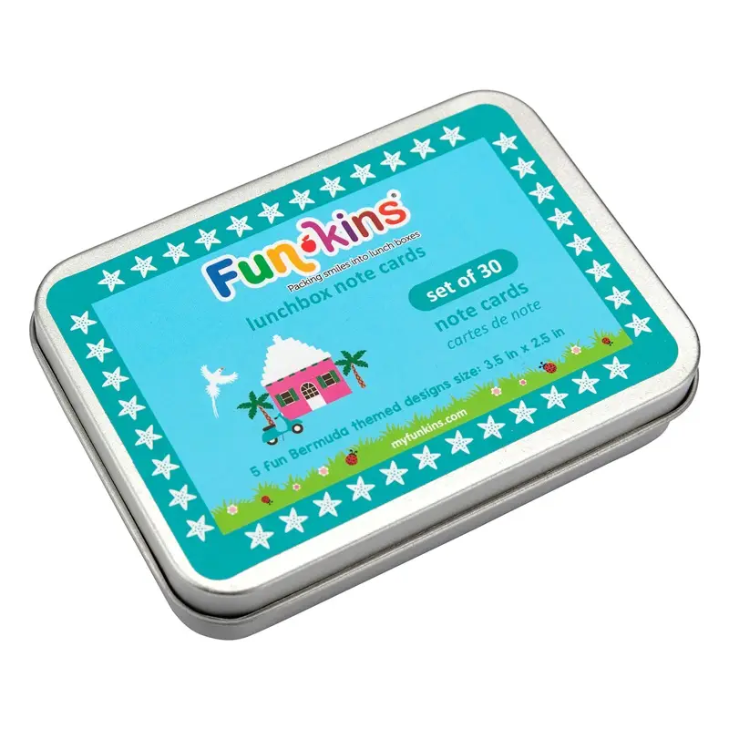 Funkins Lunchbox Note Cards Tin in turquoise with white star border and Bermuda-themed lid design.