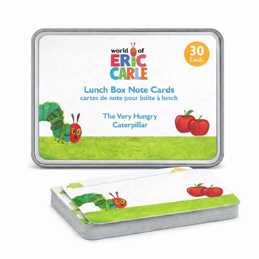 Funkins Lunchbox Note Cards in Silver tin with The Very Hungry Caterpillar artwork and red apples (30 cards).