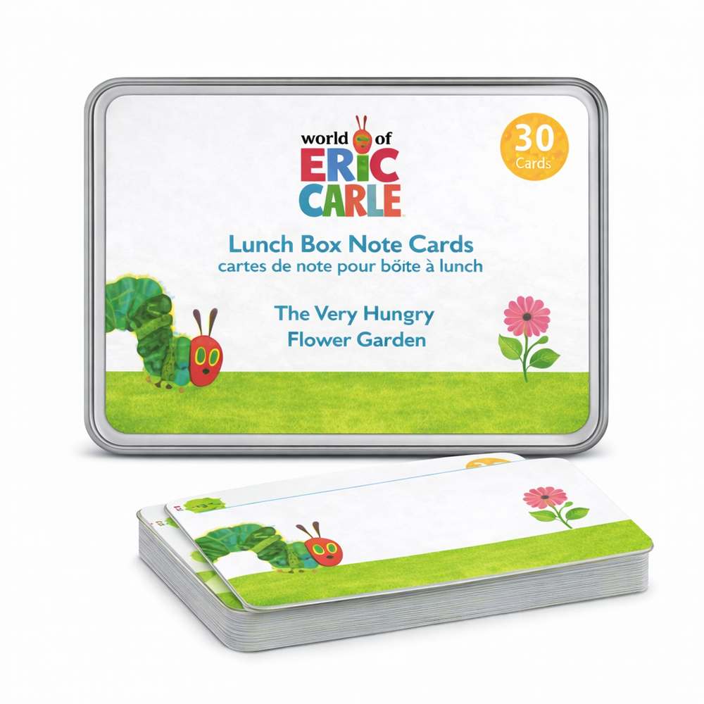 World of Eric Carle Lunch Box Note Cards in The Very Hungry Flower Garden design on a metal tin with green grass border