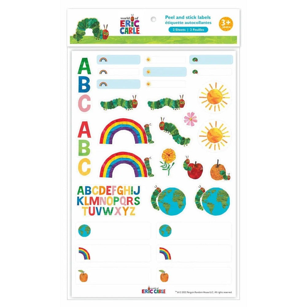 Funkins Peel&Stick Labels sheet ready to peel and apply, with ABCs, rainbows, caterpillars, suns, and globes.