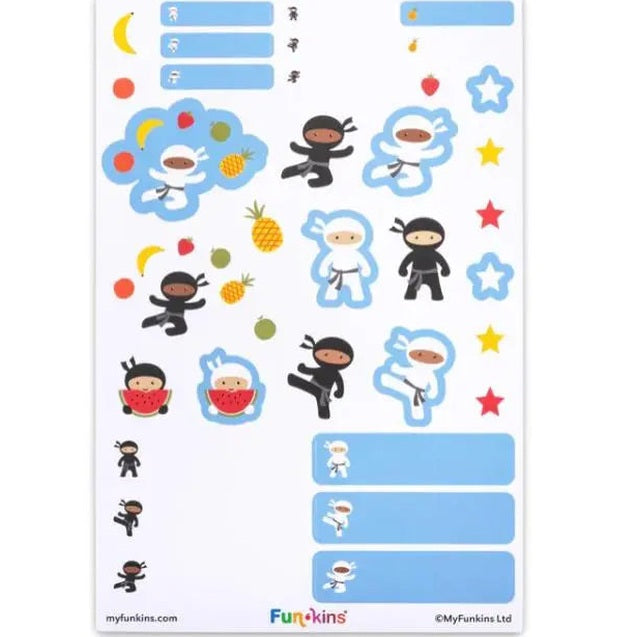 FUNKINS Peel&Stick Labels sheet with blue cloud stickers and ninja figures; kids peel and place them to decorate a child’s space.