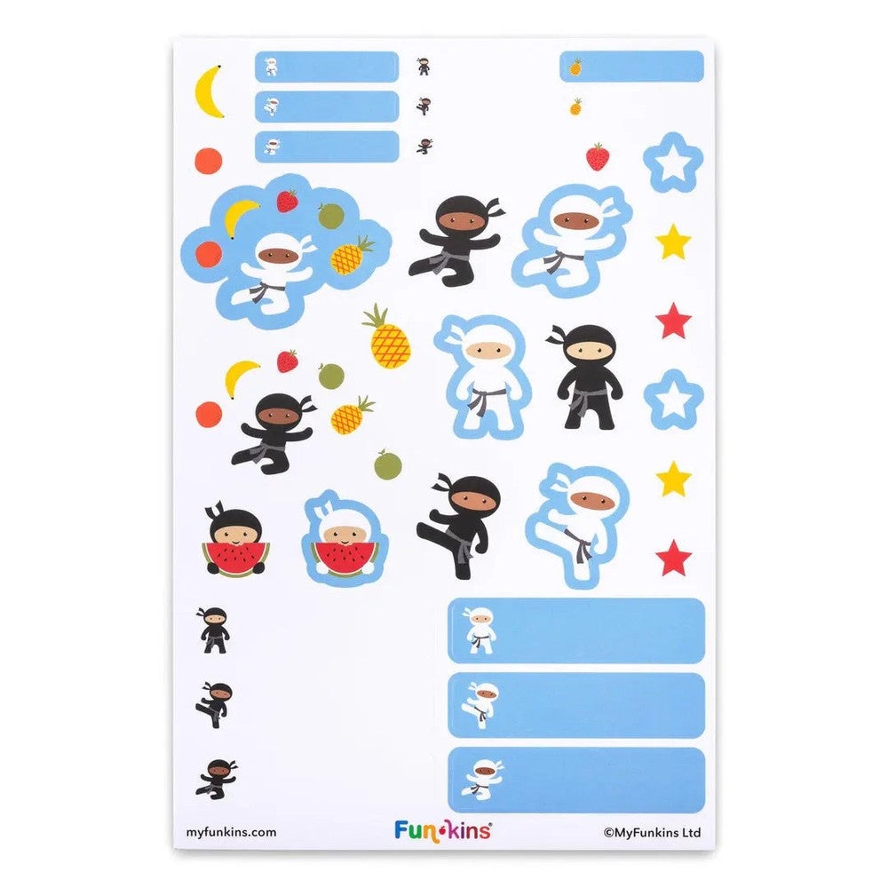 Funkins Peel & Stick Labels sheet with blue ninja stickers, fruit icons and stars ready to peel and apply.
