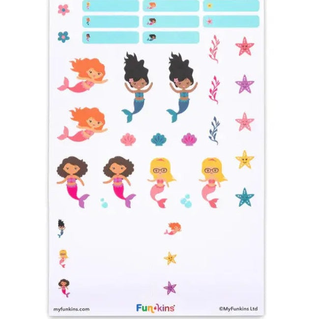 FUNKINS Peel&Stick Labels sheet of colorful mermaid, sea life, and starfish stickers for kids' crafts.
