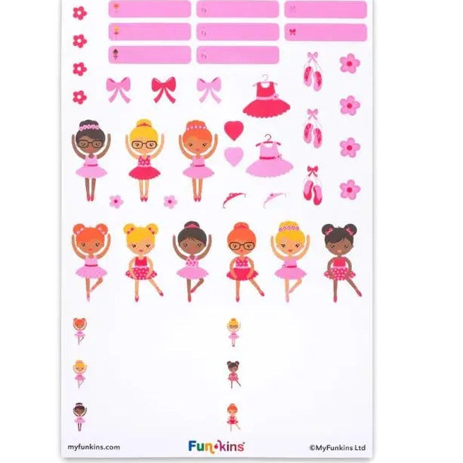 FUNKINS Peel&Stick Labels sheet with pink ballet girl stickers, dresses and bows, designed to peel and stick.