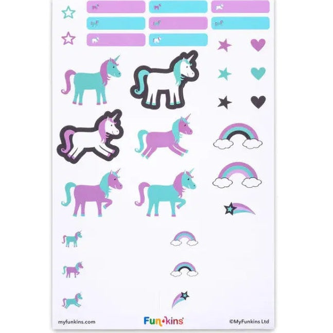 FUNKINS Peel&Stick Labels sheet with pastel unicorns, rainbows and stars; child peels and sticks stickers.