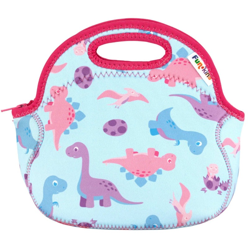 FUNKINS Small Lunch Bag in pastel blue dinosaur print with pink trim, showing a zippered opening and carry handle.
