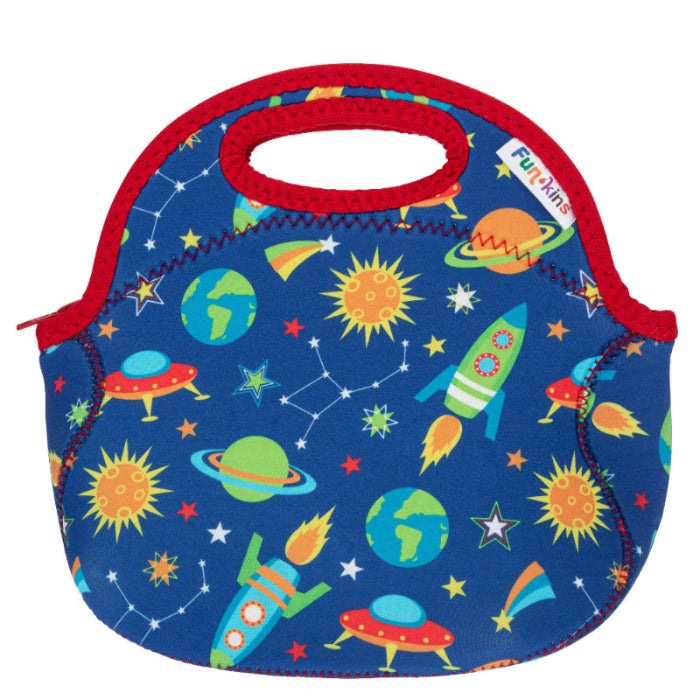 FUNKINS Small Lunch Bag with space-themed print, blue fabric and red trim, handle raised for easy carrying.