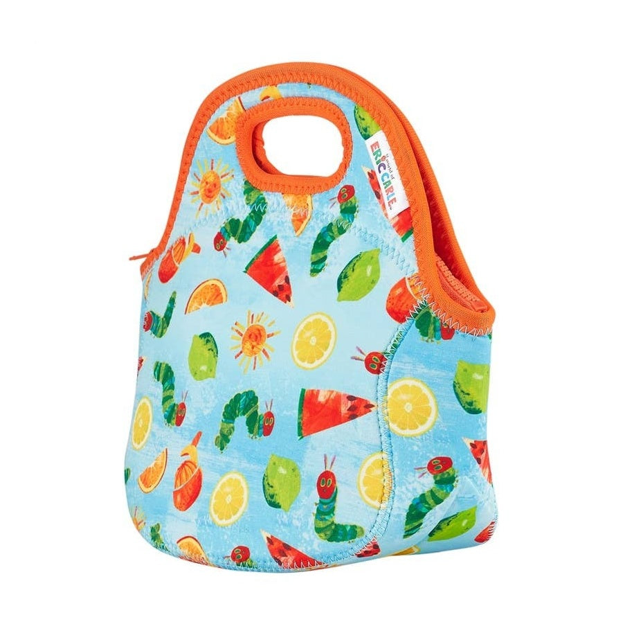Light blue lunch bag with orange trim and handle, featuring The Very Hungry Caterpillar caterpillars and citrus slice print.